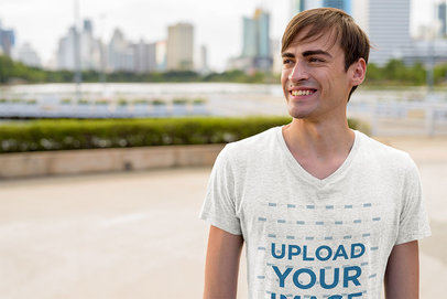 V-Neck Heathered Tee Mockup of a Smiling Man 