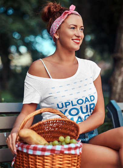 Heathered T-Shirt Mockup of a Woman with a Picnic Basket