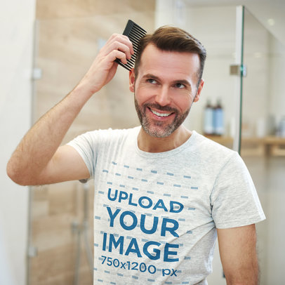 Heather T-Shirt of a Middle-Aged Man Combing His Hair 40220-r-el2
