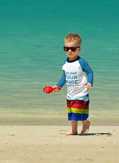 Raglan Long Sleeve Tee Mockup Featuring a Little Boy With Sunglasses 