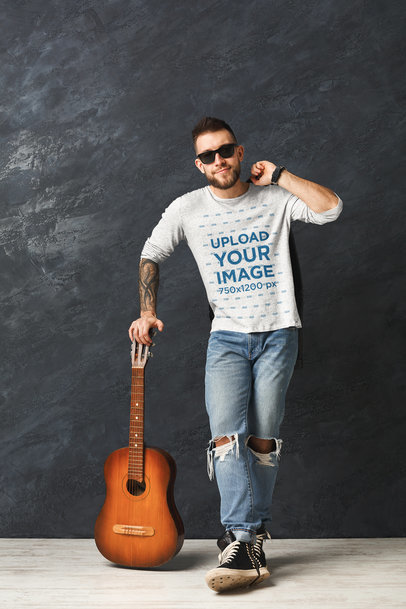 Long Sleeve Tee Mockup of a Man Posing with a Guitar