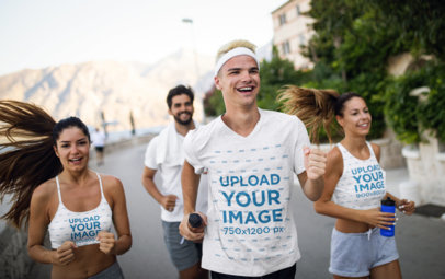Mockup of a Group of Friends Running While Wearing T-Shirts, Tank Tops, and Sports Bras