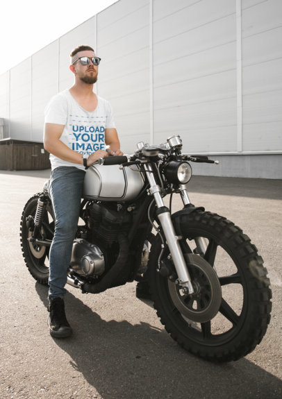 Mockup of a Bearded Man Wearing a Heather T-Shirt While Sitting on His Motorbike 41679-r-el2