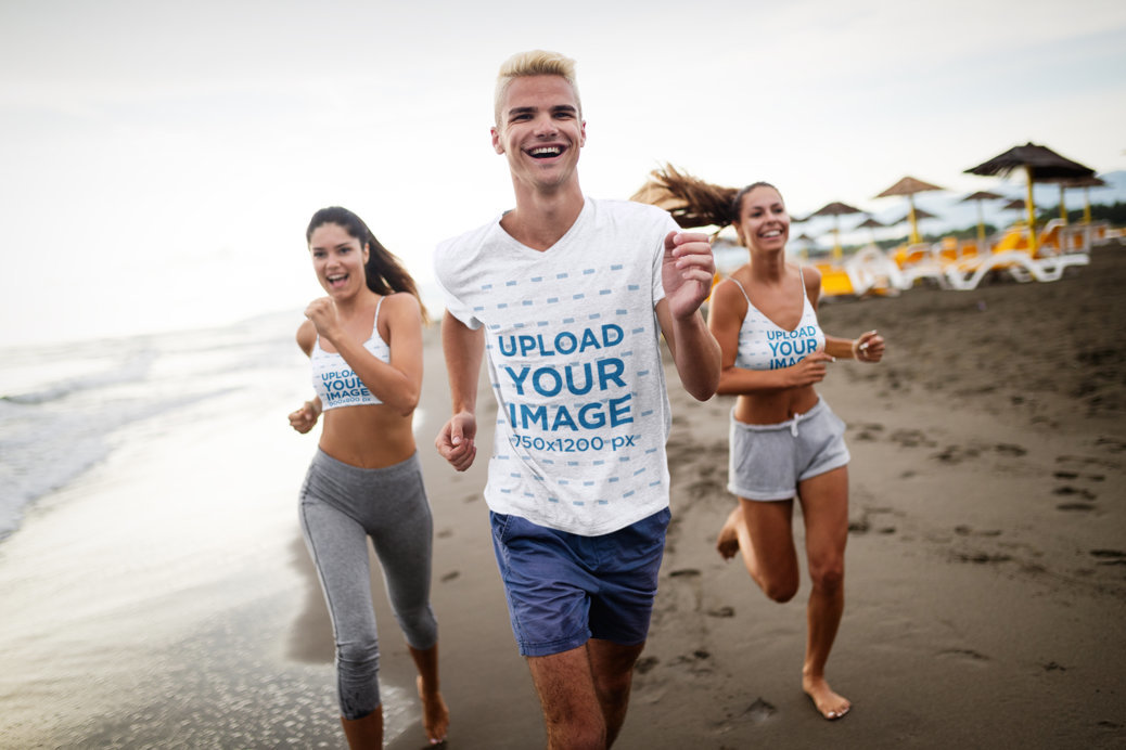 T-Shirt and Sports Bra Mockup of a Group of Friends Jogging