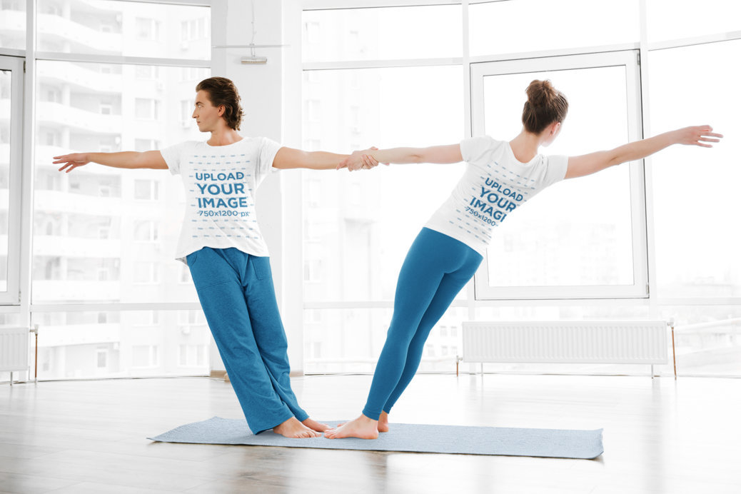 Both-Sides View T-Shirt Mockup of a Couple Doing Yoga