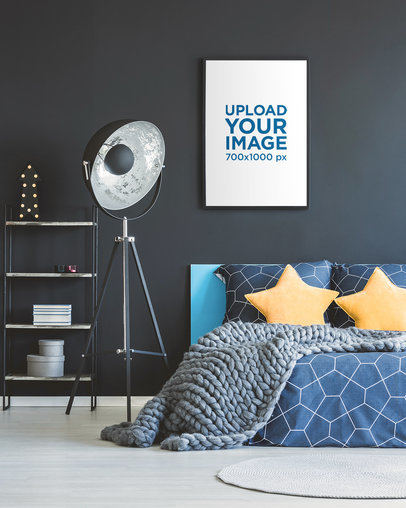 Mockup of an Art Print Placed over a Bed with Star-Shaped Pillows 36157-r-el2