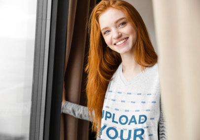 Mockup Featuring a Happy Long-Haired Woman Wearing a Heather V-Neck T-Shirt 40129-r-el2