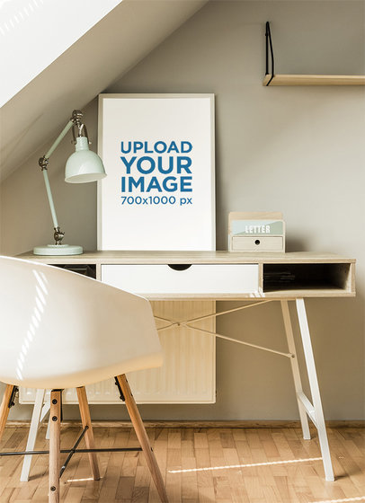Art Print Mockup Placed over a Bedroom's Desk 