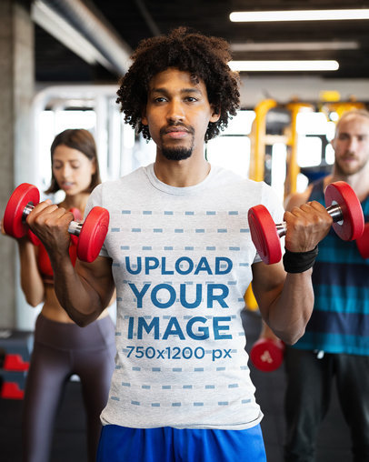 T-Shirt Mockup of a Man Lifting a Pair of Dumbbells