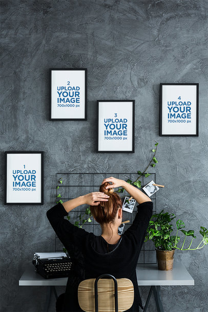 Mockup of Four Art Prints Hanging over a Woman's Desk 36347-r-el2