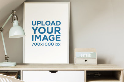 Art Print Mockup Featuring a Minimalist Wooden Desk