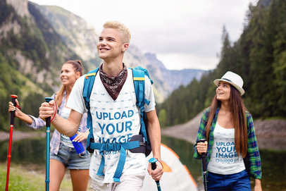 Tank Top and T-Shirt Mockup Featuring Three Friends Hiking 