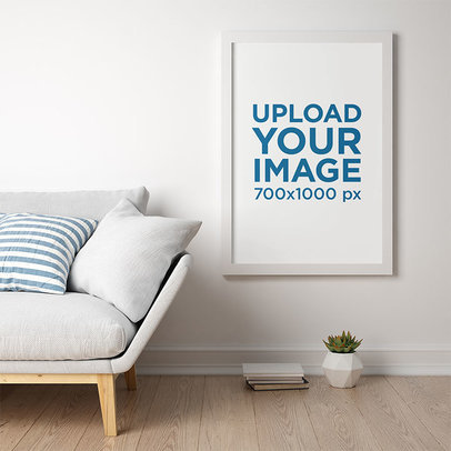 Mockup of a Portrait Art Print In a Living Room with White Walls