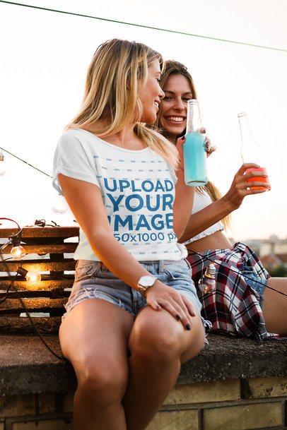T-Shirt Mockup of a Young Woman Drinking with Her Friend 41155-r-el2