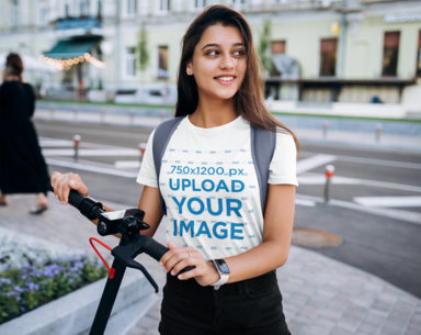 Crewneck Tee Mockup of a Young Woman Riding a Scooter 