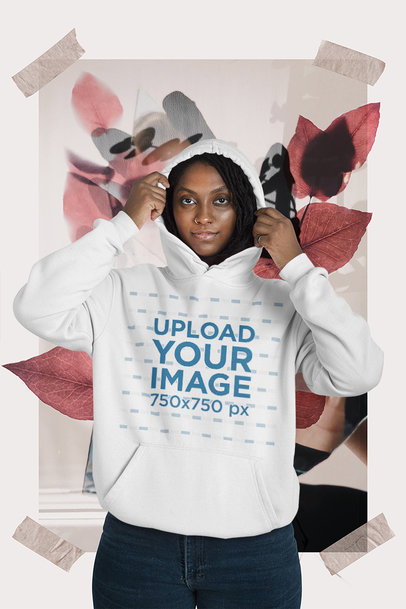 Mockup of a Woman Wearing a Hoodie Featuring a Collage Background