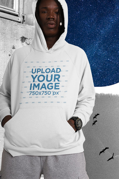 Mockup of a Man Wearing a Hoodie Featuring a Collage Background