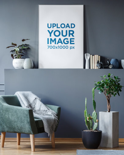 Framed Art Print Mockup Featuring a Room With Plant Pots and Modern Furniture 