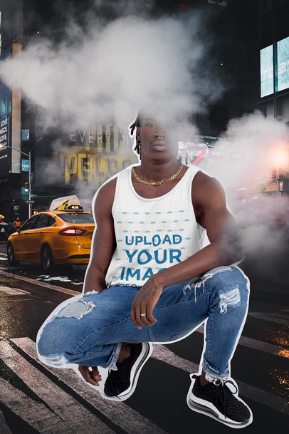 Tank Top Mockup Featuring a Man and a Collage Background 42539