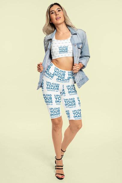 Mockup of a Woman Modeling an Athleisure Look of Bike Shorts and a Sports Bra