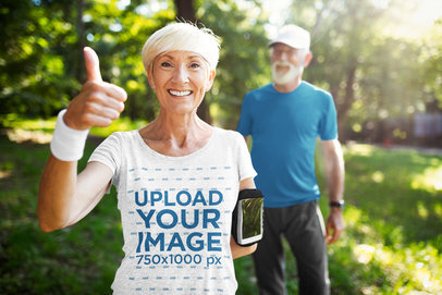 Heather Tee Mockup of a Senior Woman with a Thumb Up