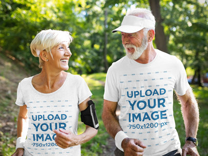 T-Shirt Mockup of a Happy Senior Couple Running Outdoors