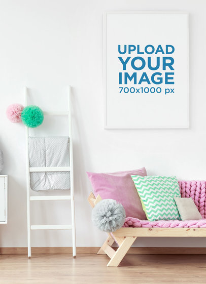 Mockup of an Art Print Hanging over a Sofa with Colorful Cushions 38878-r-el2