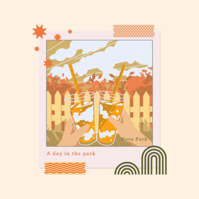 Album Cover Design Template Featuring Illustrations with Polaroid-Inspired Frames 