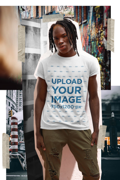 Mockup of a Stylish Man Wearing a T-Shirt Featuring a Collage Background