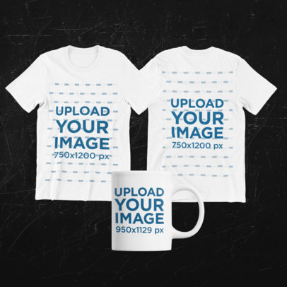 Merch Bundle Mockup Featuring Two Round Neck Tees and an 11 oz Mug