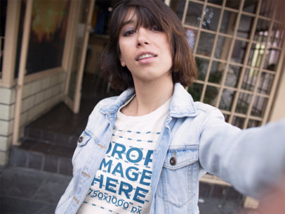 Selfie Template of a Young Short-Haired Woman Wearing a Round Neck Tee 