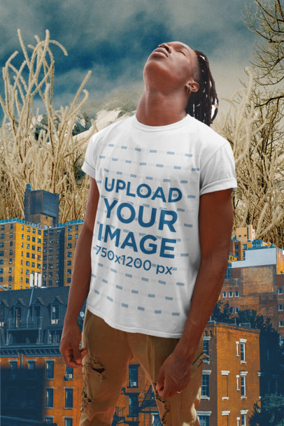 Collage-Style T-Shirt Mockup Featuring a Man Posing