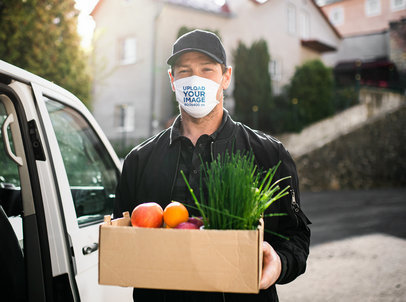 Face Mask Mockup of a Man Delivering Vegetables