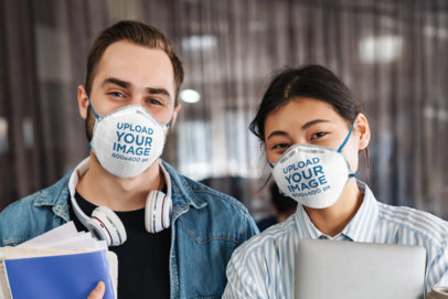 Face Mask Mockup of Two Coworkers Posing Together