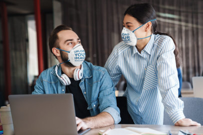 Face Mask Mockup of Two Friendly Coworkers
