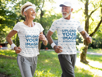 Activewear T-Shirt Mockup of a Senior Couple Going for a Run