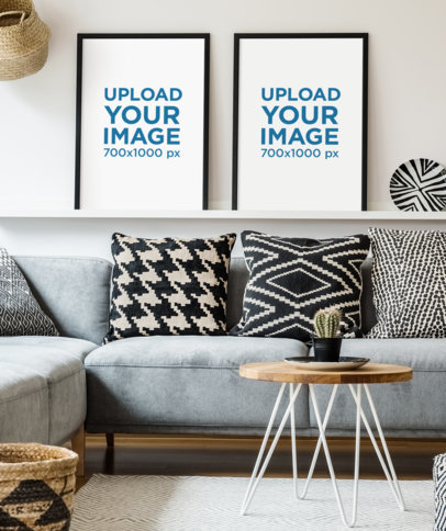 Mockup of Two Art Prints Placed on a Shelf