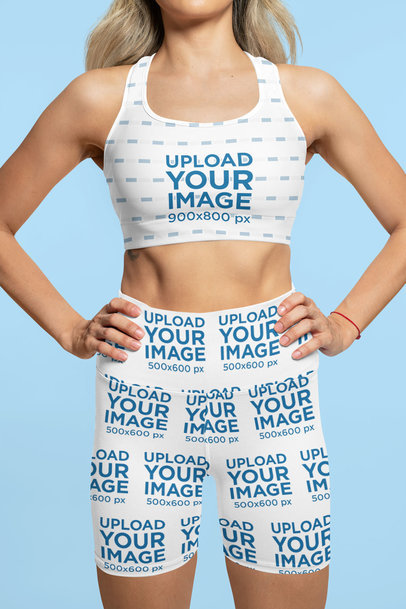 Sports Bra Mockup of a Woman Wearing Sublimated Bike Shorts at a Studio