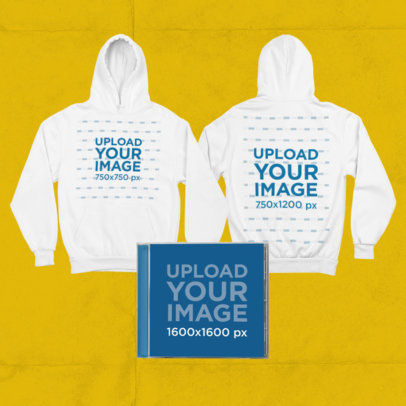 Merch Bundle Mockup Featuring Pullover Hoodies and a CD Jewel Case