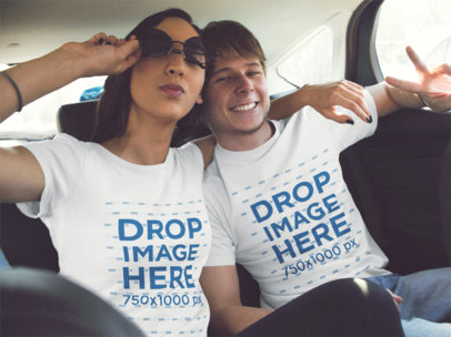 Picture Mockup of a Woman and a Guy Wearing Same T-Shirts While in the Back of a Car