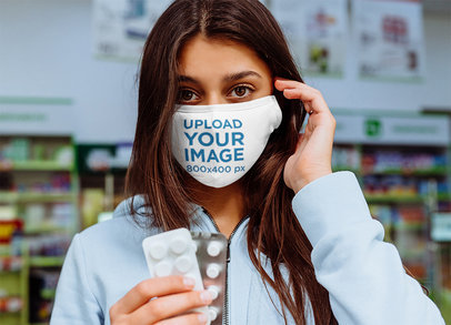 Face Mask Mockup Featuring a Woman at a Pharmacy