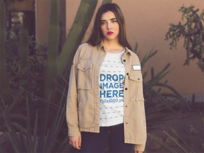 Young Woman with Red Lipstick Wearing a Round Neck Tshirt While Standing near a Cactus Template