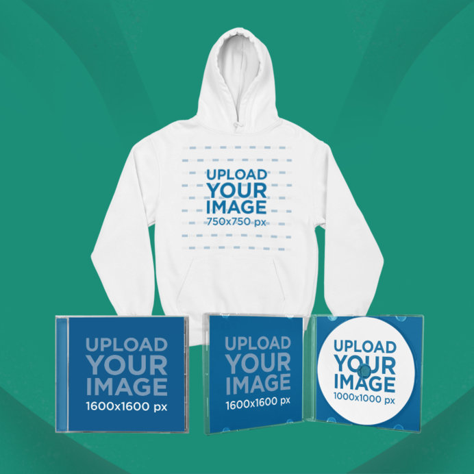 Placeit - Merch Bundle Mockup Featuring a Hoodie and Two CD's