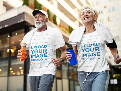 T-Shirt Mockup Featuring a Senior Couple Jogging in the City 