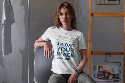T-Shirt Mockup of a Blonde Woman Sitting on a Chair