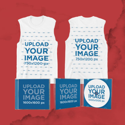 Merch Bundle Mockup with Front and Back Views of a Sleeveless Shirt and CD Jewel Cases 