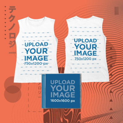 Merch Bundle Mockup Featuring a Both Sides-View Sleeveless Shirt and a CD Jewel Case