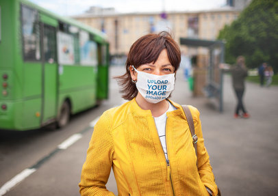 Face Mask Mockup of a Woman Standing by a Bus Stop 42877-r-el2
