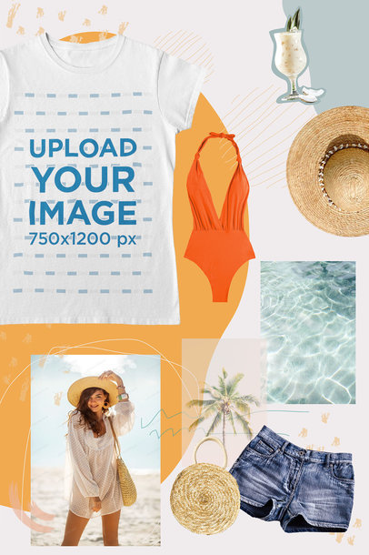 T-Shirt Mockup Featuring a Summer-Themed Collage 