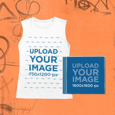 Merch Bundle Mockup Featuring a Round Neck Sleeveless Shirt and a CD Case